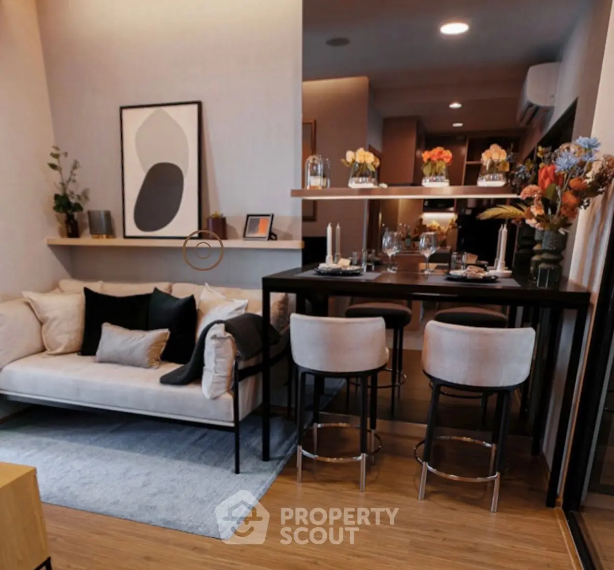 Stylish modern living room with cozy seating and elegant dining area