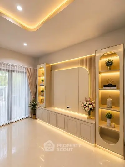 Elegant living room with modern built-in shelves and soft lighting