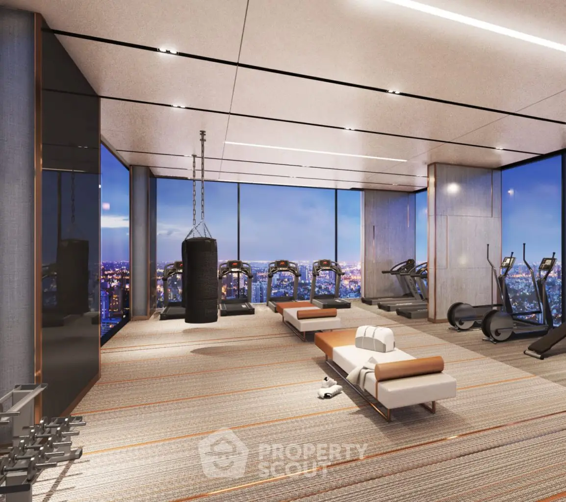 Luxurious high-rise gym with panoramic city views and modern equipment.