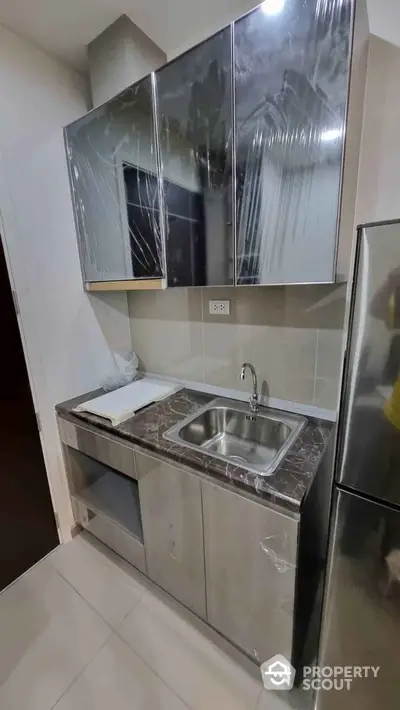 Modern kitchen with sleek cabinetry and stainless steel sink in compact layout.