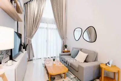 Modern living room with stylish decor, cozy sofa, and elegant curtains in a bright apartment.