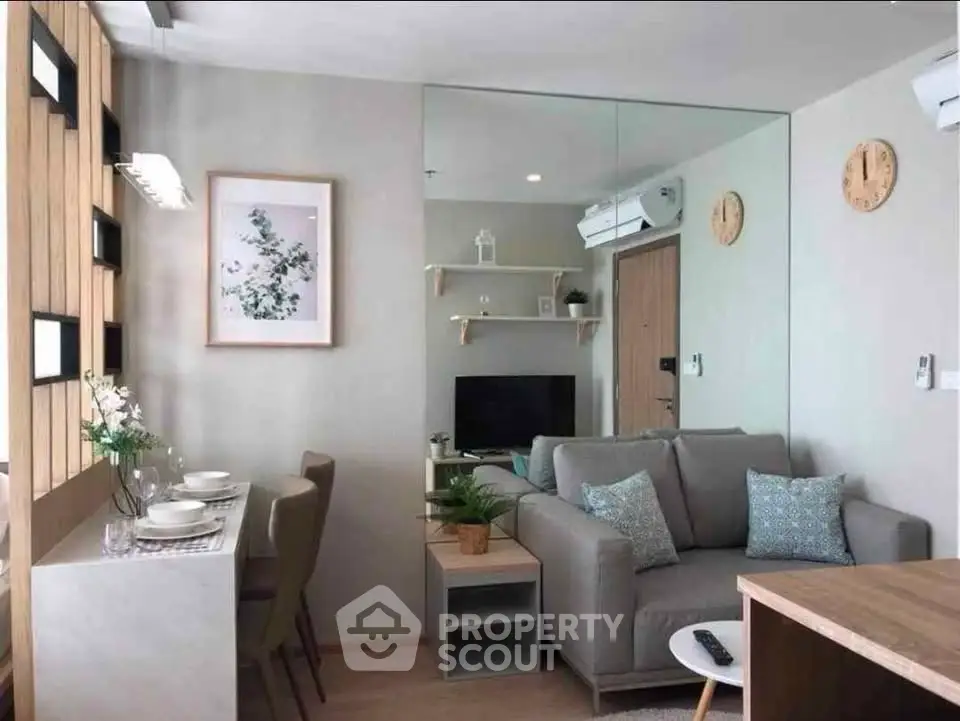 Modern living room with stylish decor and cozy seating area