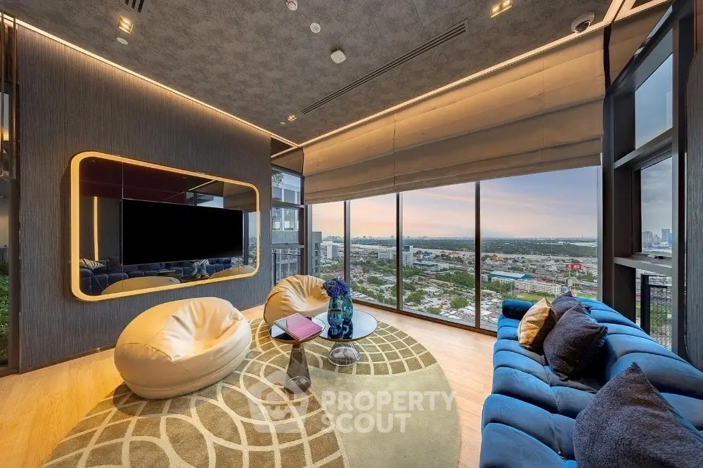 Luxurious living room with panoramic city view and modern decor