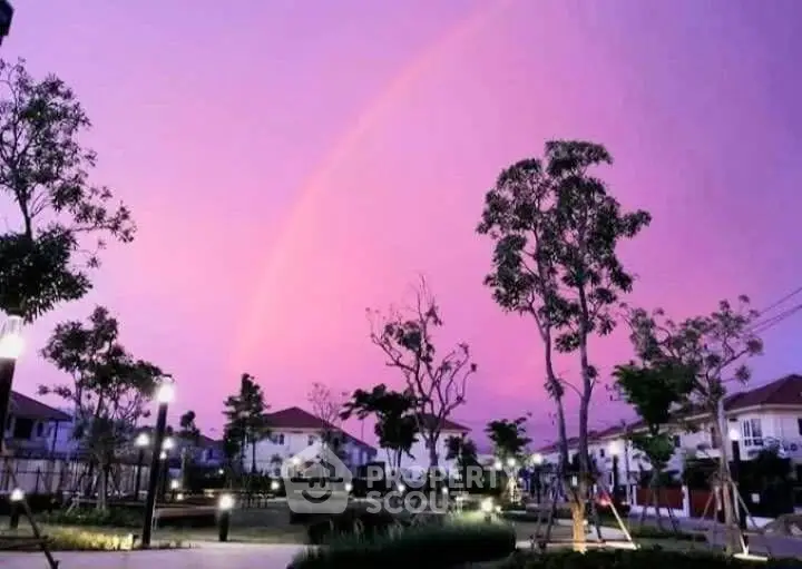 Charming suburban neighborhood at sunset with vibrant sky and modern homes.