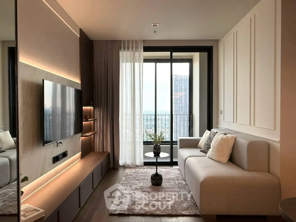 Modern living room with elegant decor and large window offering city view