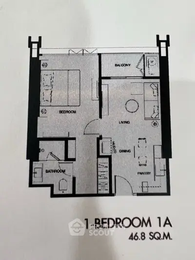 Modern 1-bedroom apartment floor plan with balcony and open living area, 46.8 sqm.