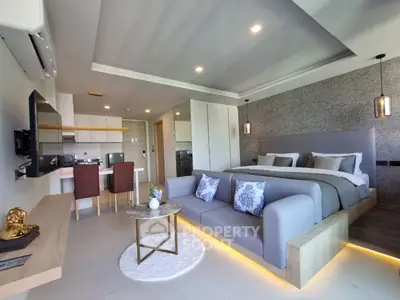 Luxurious modern bedroom with open kitchen layout and stylish decor