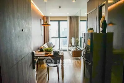 Modern living room with dining area and city view in high-rise apartment