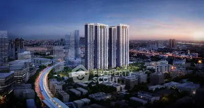 Stunning cityscape view of modern high-rise residential buildings at dusk.