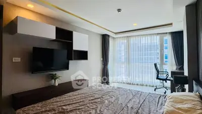 Modern bedroom with large window and stylish decor in a high-rise apartment.