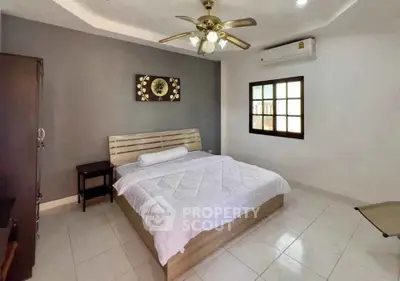 Spacious bedroom with modern decor and air conditioning in a stylish home.