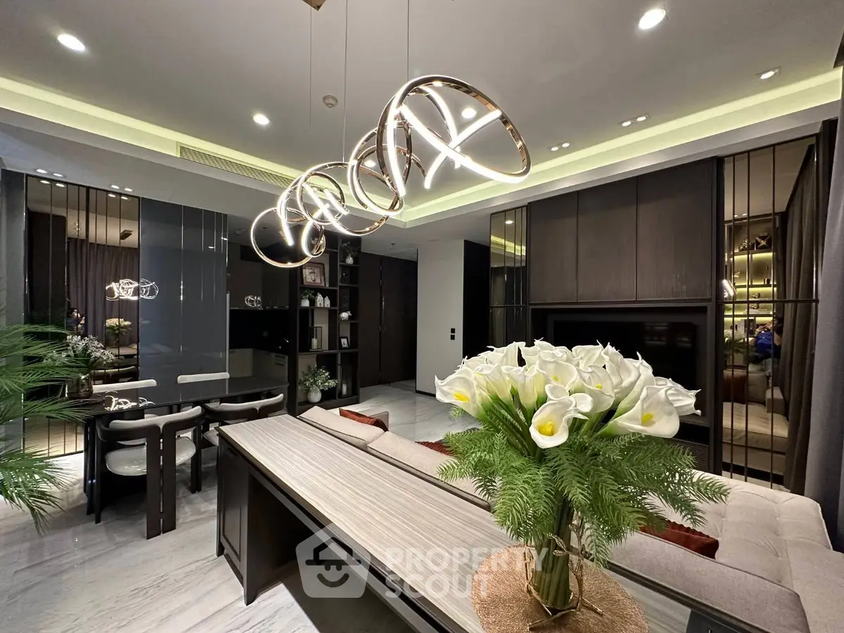 Luxurious modern living room with elegant lighting and stylish decor