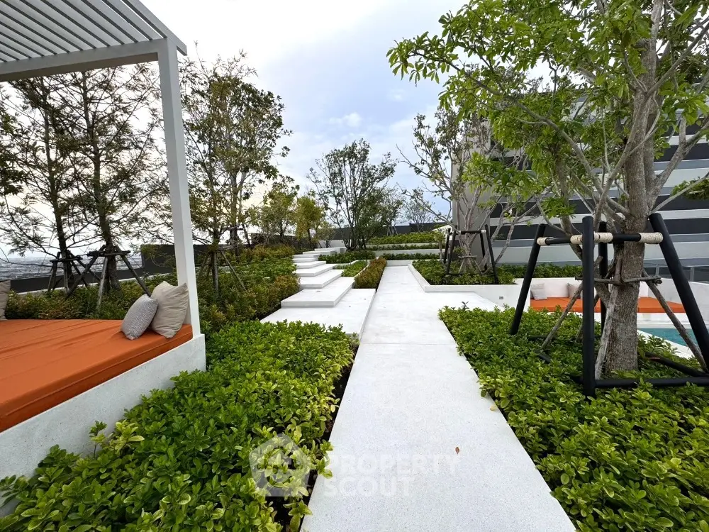 Luxurious rooftop garden with modern design and lush greenery