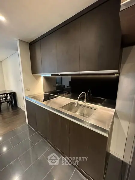 Modern kitchen with sleek dark cabinetry and stainless steel sink