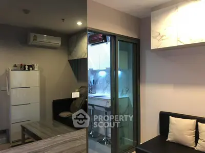 Modern apartment interior with stylish living room and sleek kitchen design
