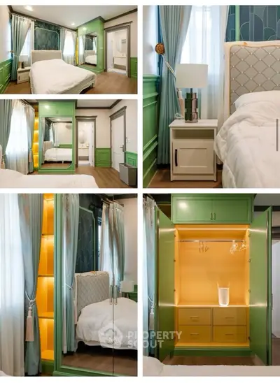 Luxurious bedroom with green accents, mirrored wardrobe, and elegant lighting.