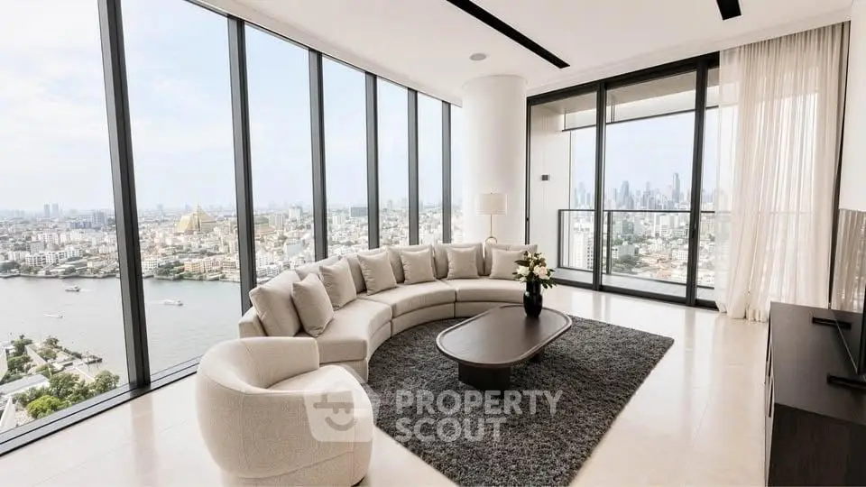 Luxurious living room with panoramic city views and elegant modern furniture.
