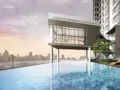 Luxurious high-rise building with stunning infinity pool and city skyline view.