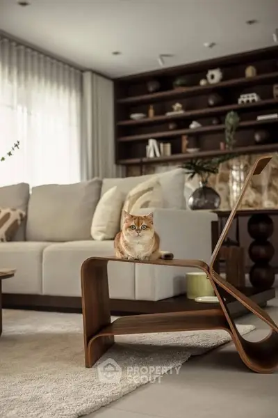 Stylish living room with modern furniture and cozy ambiance, featuring a unique wooden coffee table and plush sofa.