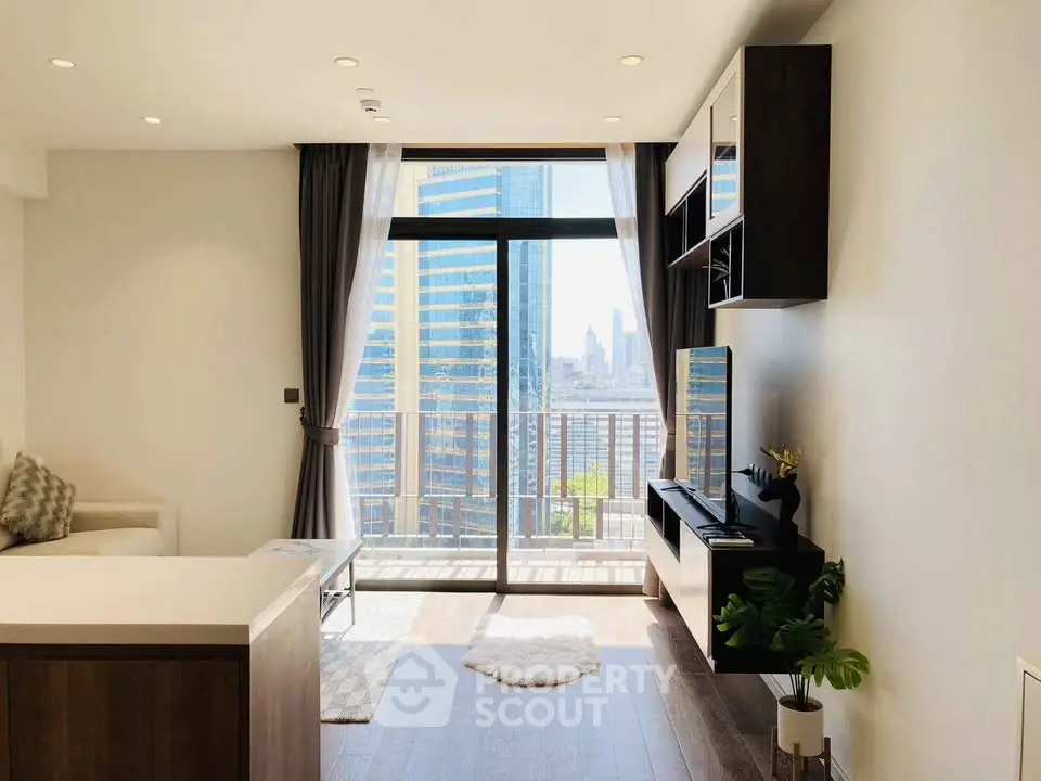 Modern living room with large windows and city view, featuring sleek furniture and stylish decor.