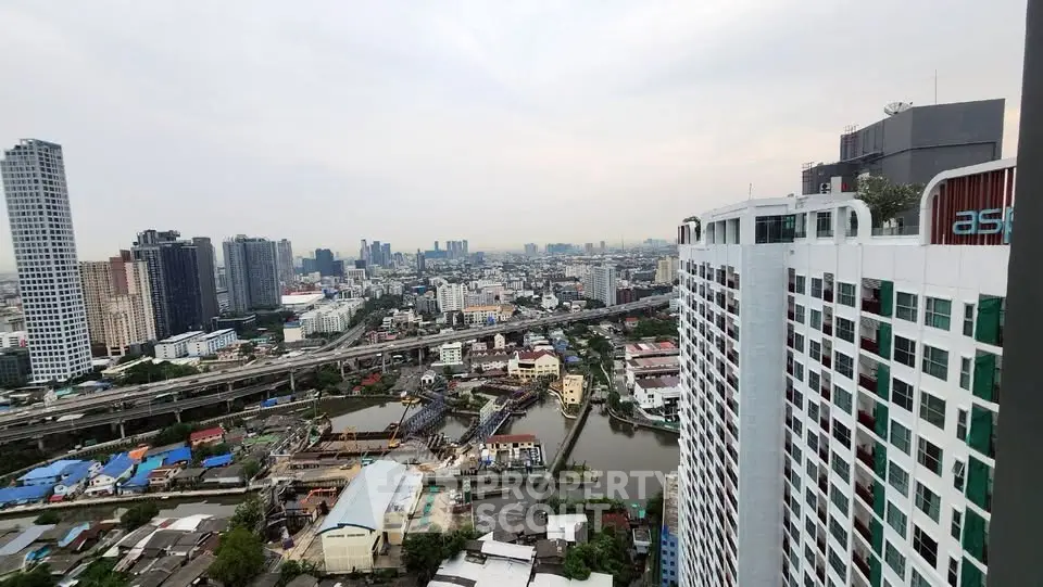 Stunning cityscape view from high-rise building showcasing urban skyline and river.