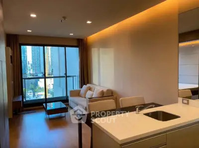 Modern open-plan living room with city view and sleek kitchen design
