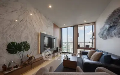 Luxurious living room with marble accent wall and stunning city view