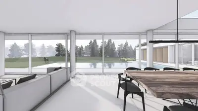 Modern open-plan living room with panoramic windows and pool view