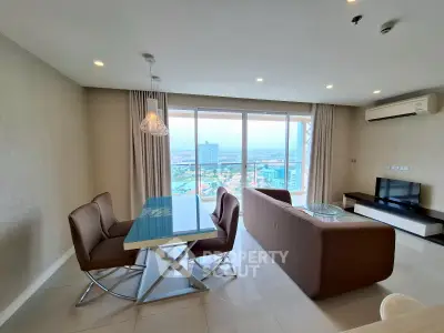 Modern living room with panoramic city view and stylish furniture