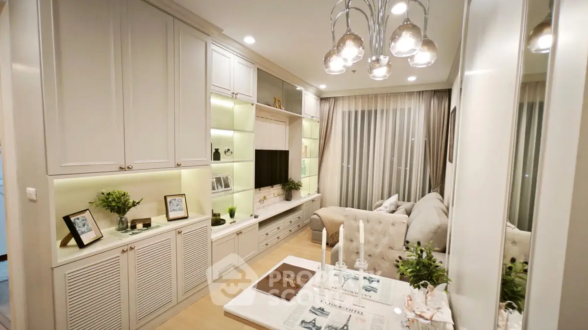 Elegant living room with built-in cabinets and cozy seating area, perfect for modern living.