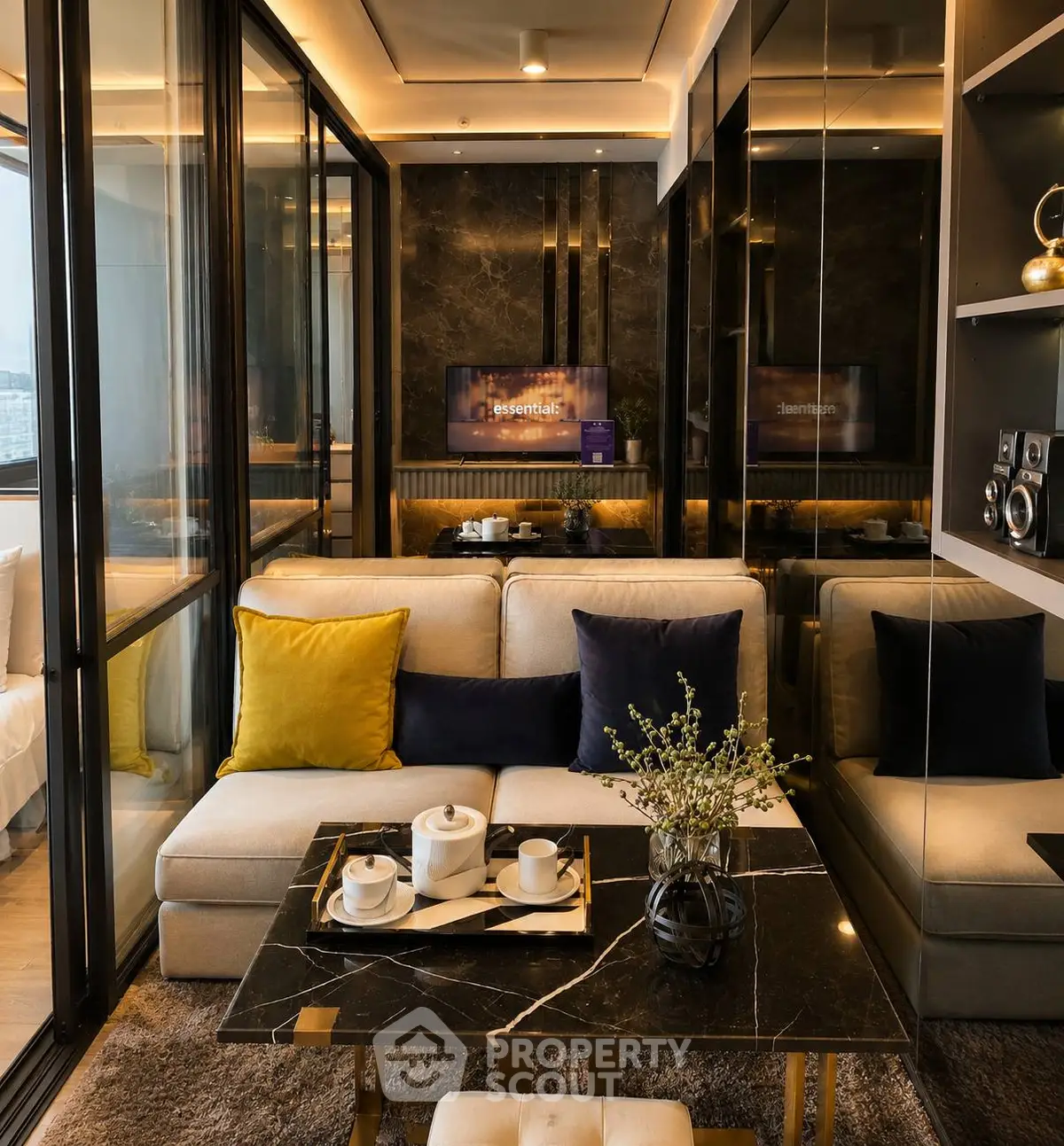 Luxurious modern living room with elegant decor and glass partition to bedroom