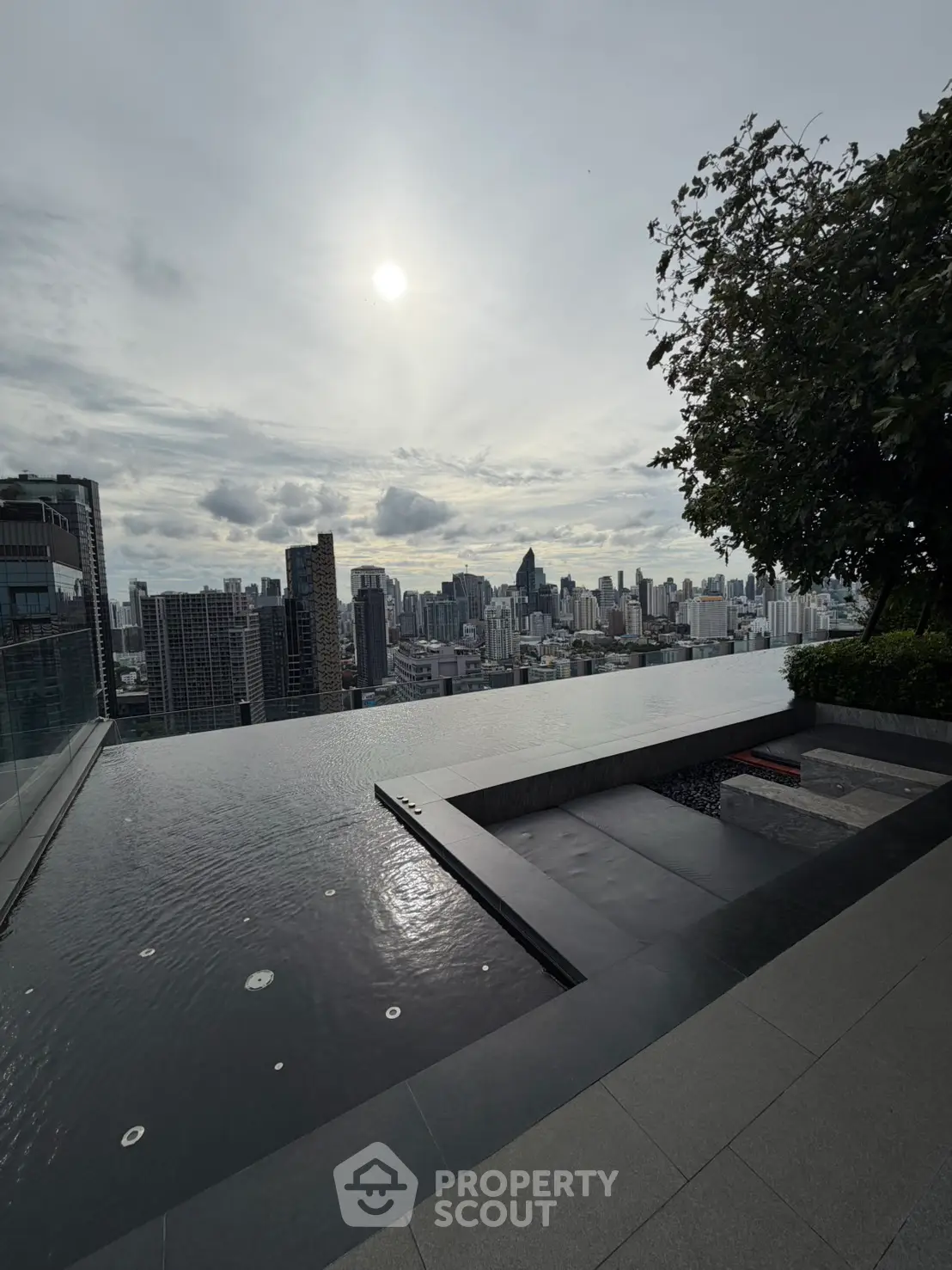 Stunning rooftop infinity pool with breathtaking city skyline view