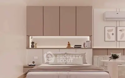 Modern bedroom with stylish decor and ambient lighting, featuring a cozy bed and elegant wall art.