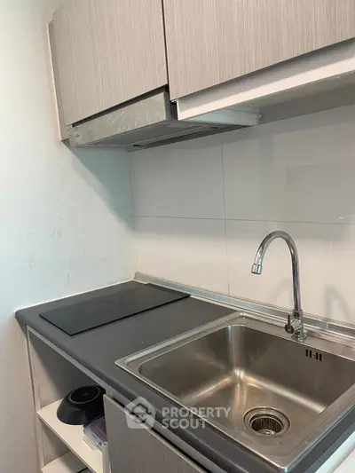 Compact modern kitchen with sleek cabinetry and stainless steel sink.