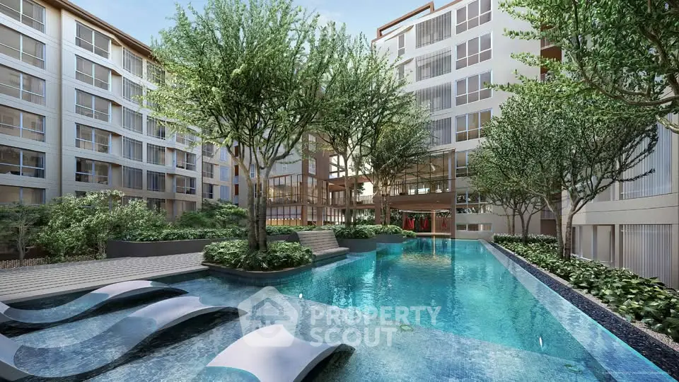Luxurious apartment complex with stunning pool and lush greenery