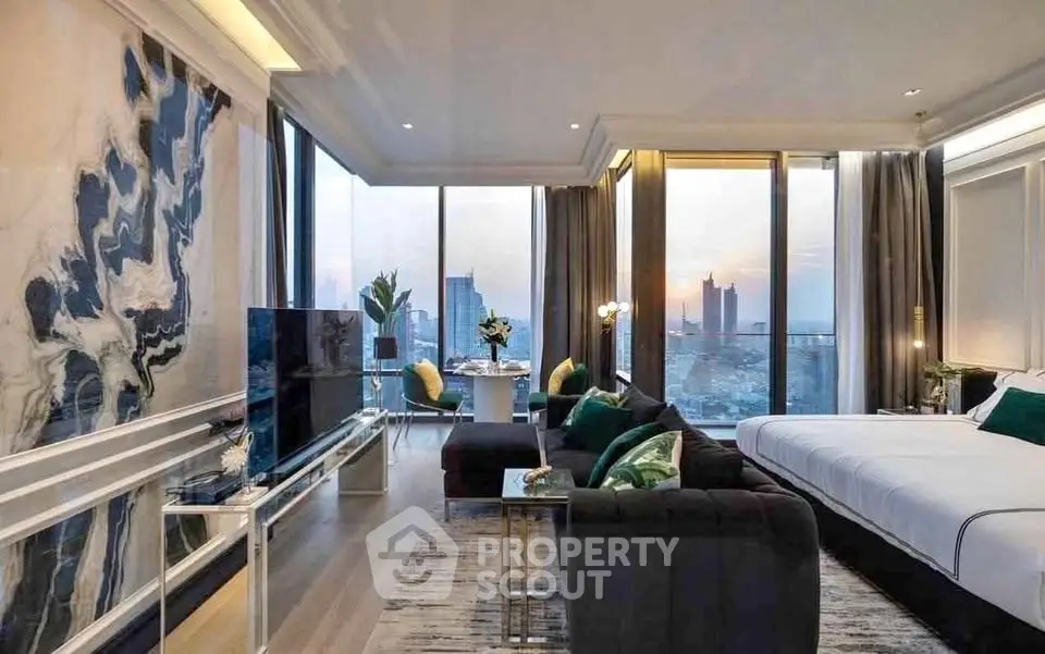 Luxurious modern living room with panoramic city views and elegant decor