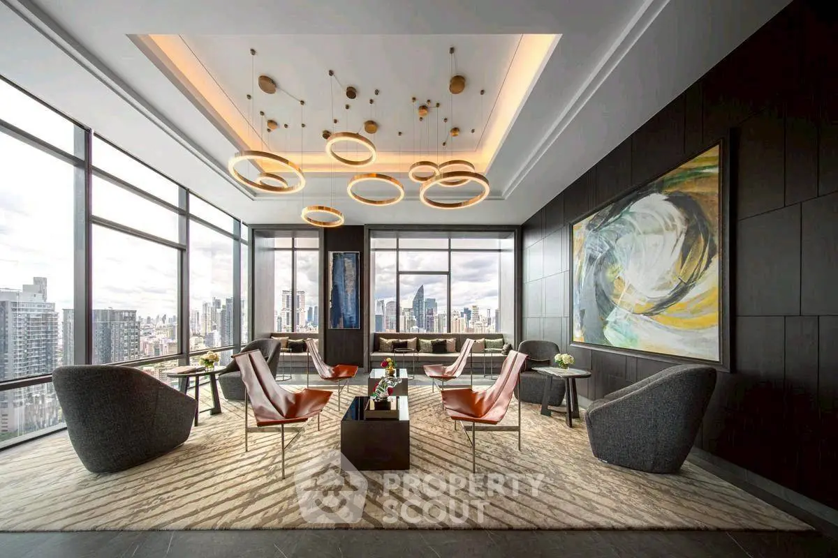 Luxurious modern living room with stunning city views and elegant decor