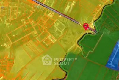 Colorful digital map visualization of a real estate area with highlighted zones and pathways.