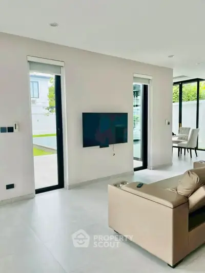 Modern living room with sleek design and large windows overlooking a garden