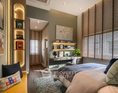 Stylish modern bedroom with large windows and cozy decor