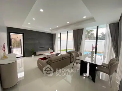 Spacious modern living room with pool view and elegant decor