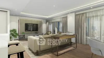 Luxurious modern living room with city view, elegant decor, and spacious seating area.
