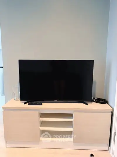 Modern living room with sleek TV stand and flat-screen television