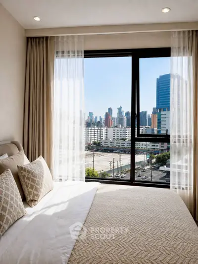 Luxurious bedroom with stunning city view through large window, featuring elegant bedding and modern decor.