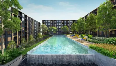 Luxurious apartment complex with stunning pool and lush greenery