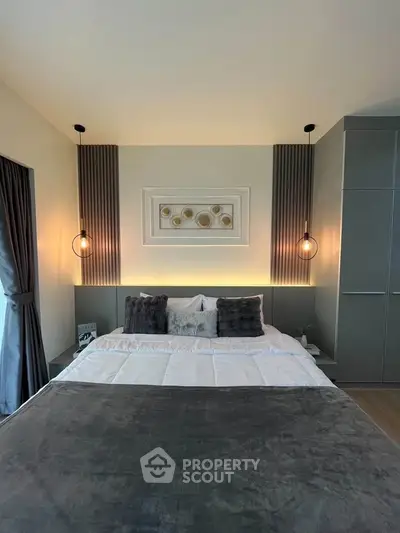 Luxurious modern bedroom with elegant decor and ambient lighting