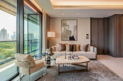 Luxurious living room with modern decor and stunning city view from large windows.