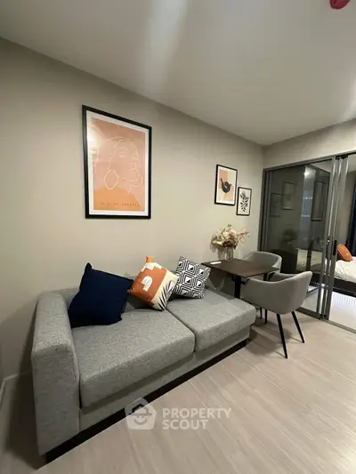 Modern living room with stylish decor and cozy seating area