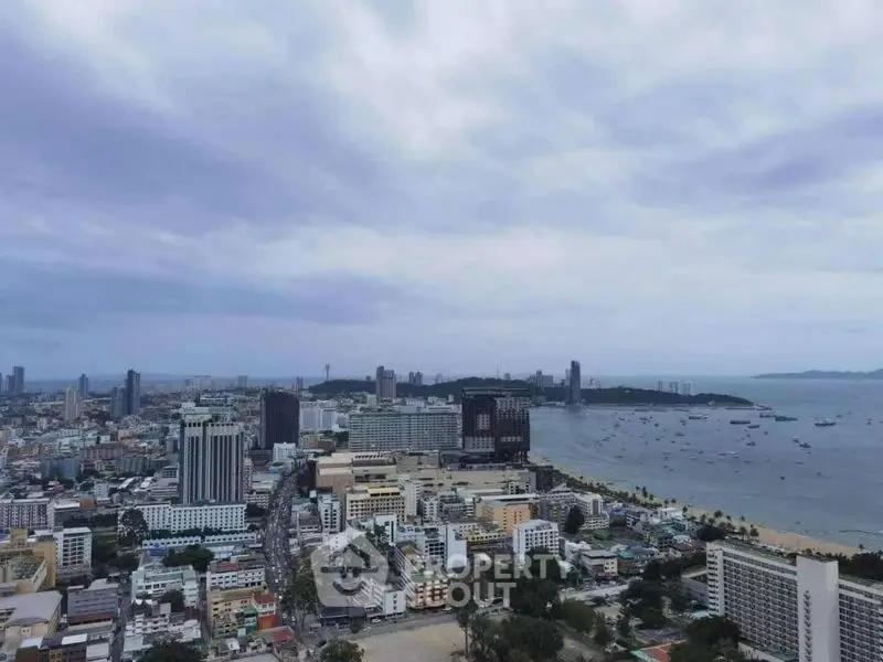 Stunning aerial view of coastal cityscape with ocean horizon and urban skyline.