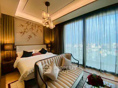 Luxurious bedroom with elegant decor and stunning city view through large windows.